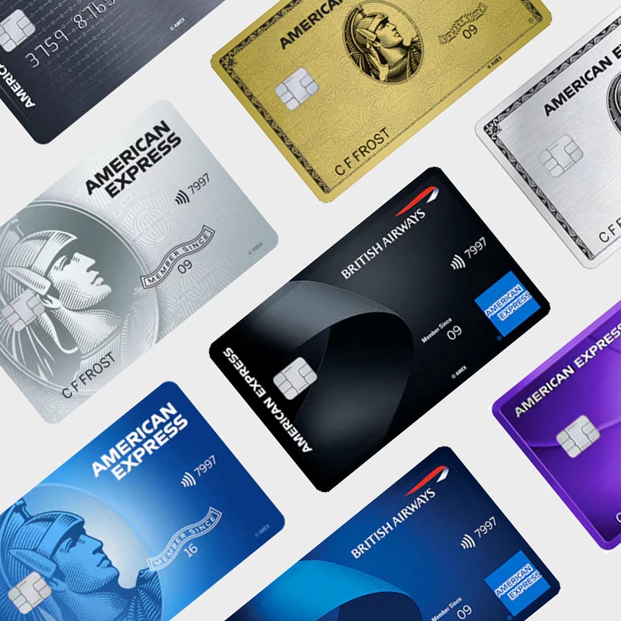 Selection of UK American Express credit cards including Platinum, Gold, British Airways, and Cashback designs.