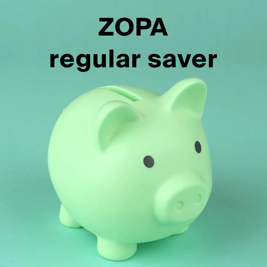 Green piggy bank with the text Zopa regular saver, illustrating the 7.10% AER UK savings pot