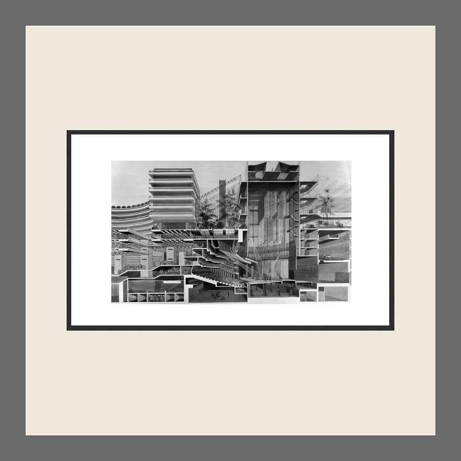 Barbican art print of the Cross Section drawing, framed in black on a stone ground