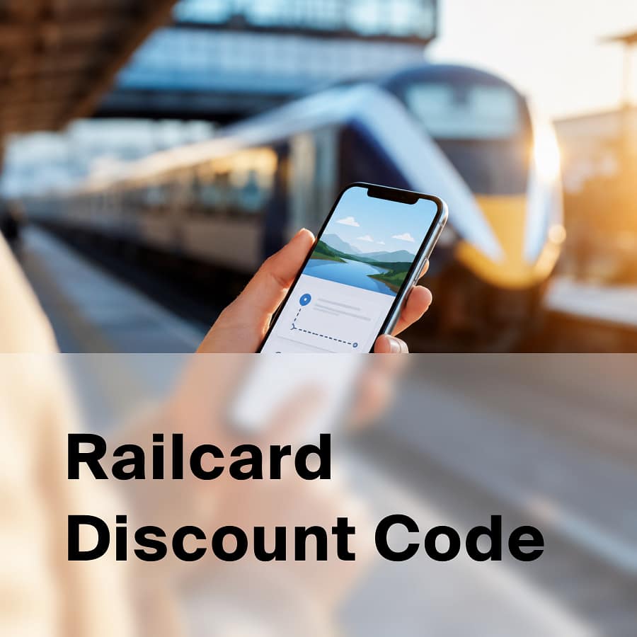 Hand holding a smartphone showing a travel app on a sunlit UK train station platform with a modern train