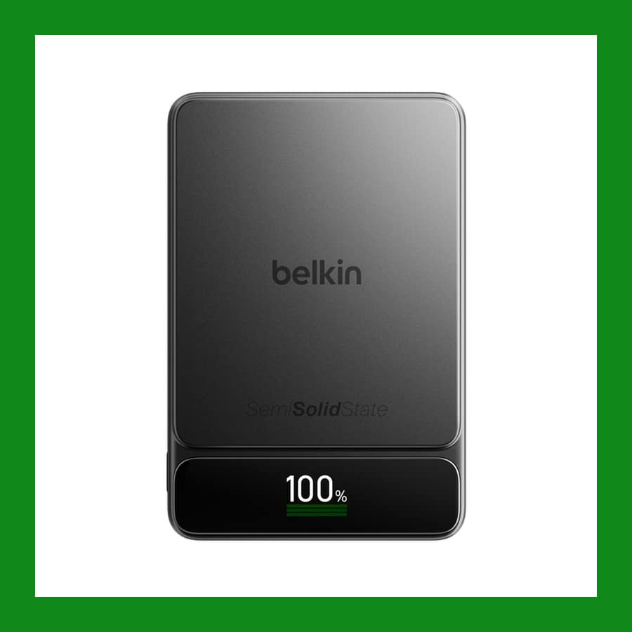 Belkin UltraCharge Pro Power Bank 10K with its display showing 100 per cent