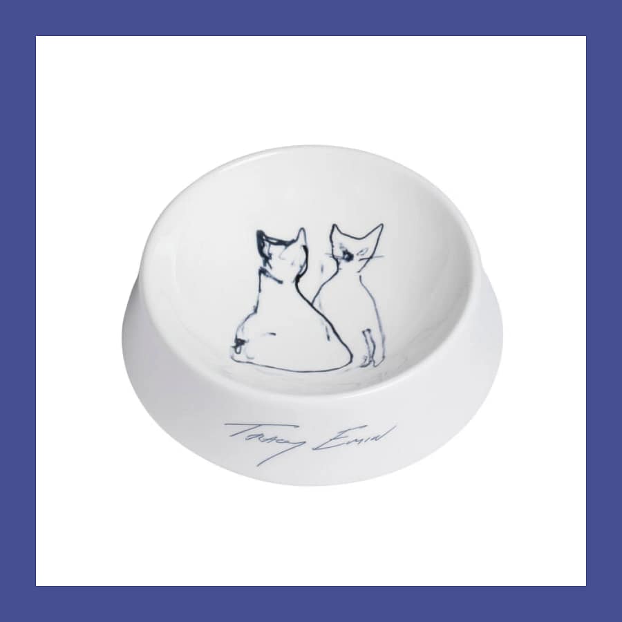 White fine bone china cat bowl with deep blue sketch of two cats and Tracey Emin signature