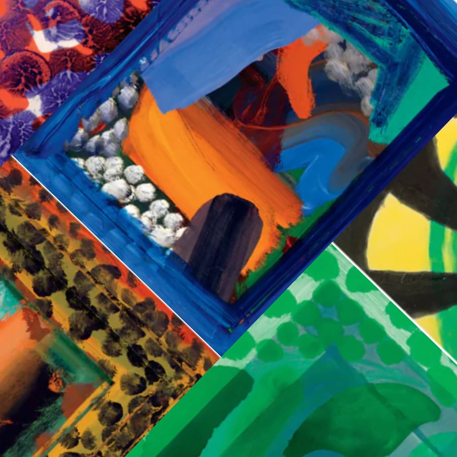 Vibrant abstract artwork inspired by Howard Hodgkin featuring bold brushstrokes, layered colours and overlapping geometric shapes.