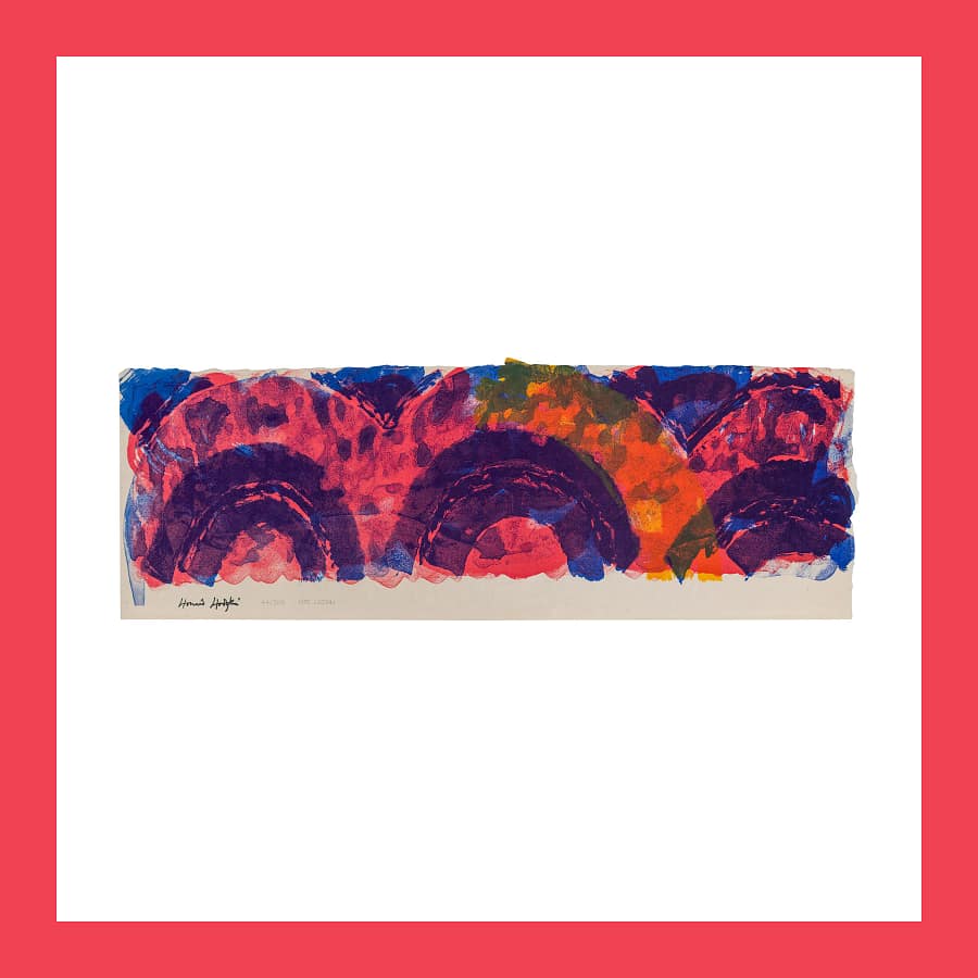 Howard Hodgkin Indian Leaves print shown on a white background with a bold red border, featuring layered red, violet and orange arcs across a horizontal composition.