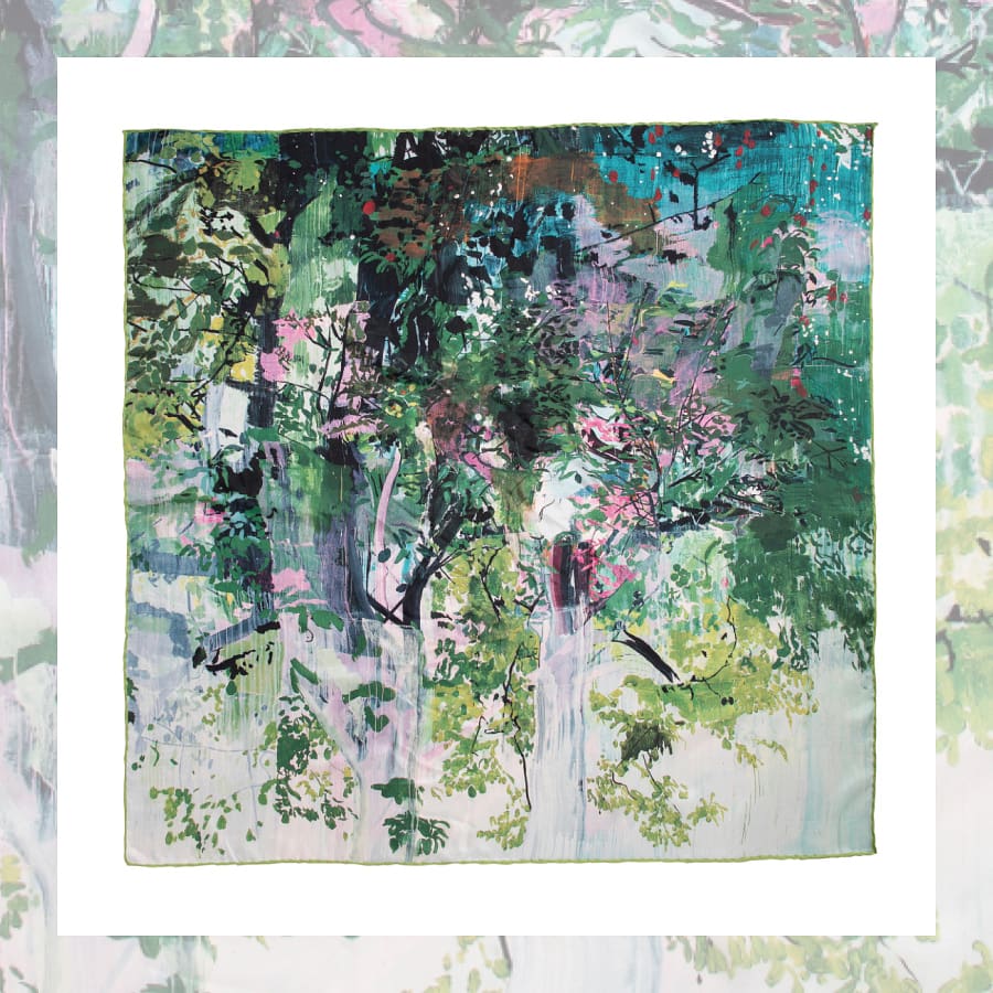 Hurvin Anderson silk scarf featuring green and pink botanical print laid flat