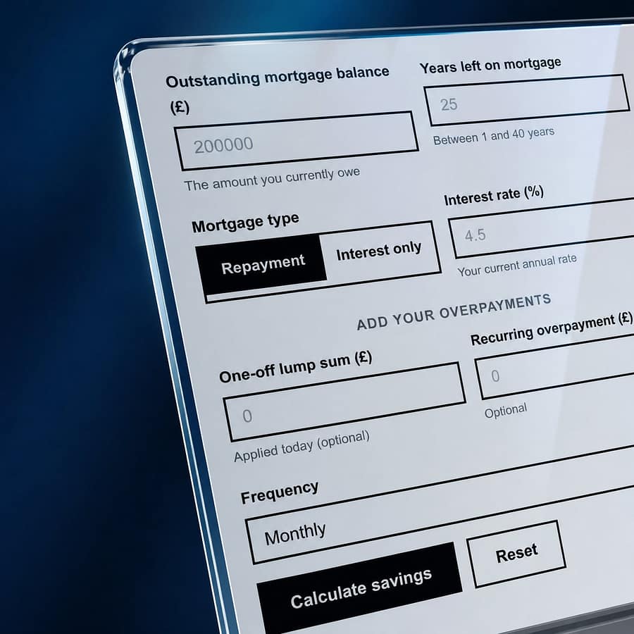 Free UK mortgage overpayment calculator interface with fields for balance, term, interest rate, mortgage type, lump sum and recurring overpayment