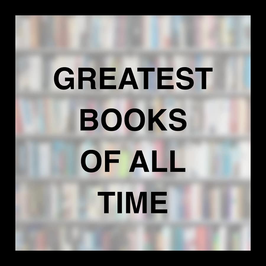 Bold black text reading “Greatest Books of All Time” over a blurred bookshelf background.
