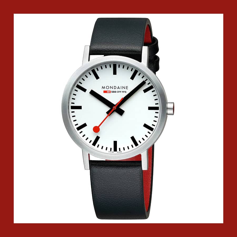 Mondaine Classic 40mm watch with brushed stainless steel case and black vegan grape leather strap