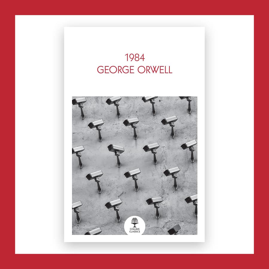 William Collins paperback of Nineteen Eighty-Four by George Orwell on a white ground with a red border