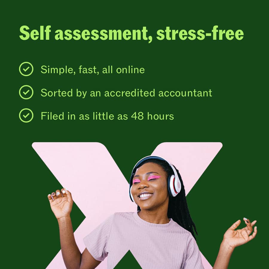 Taxfix UK promotional graphic showing self assessment features with a smiling woman wearing headphones