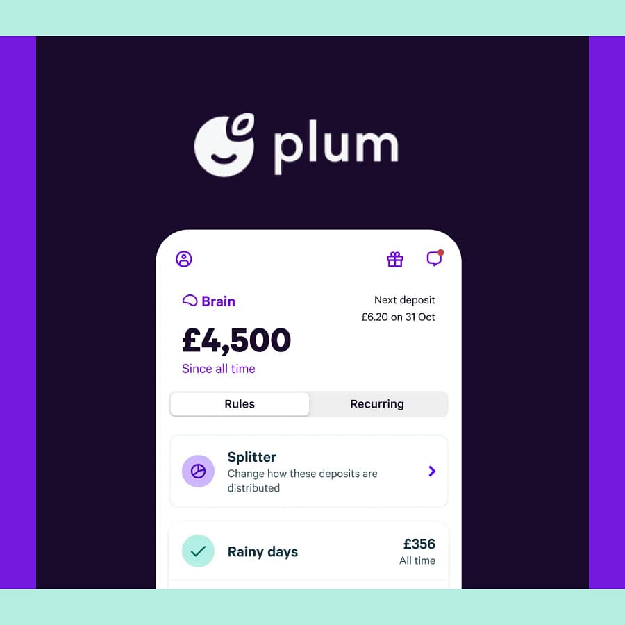 Plum app Brain screen showing £4,500 total saved with auto-saving rules and a rainy days savings pocket