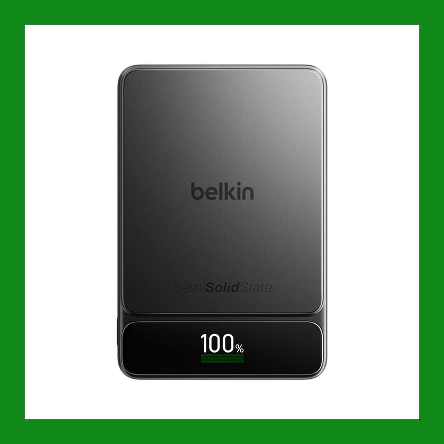 Belkin UltraCharge Pro 10K power bank in black with its display showing 100 per cent