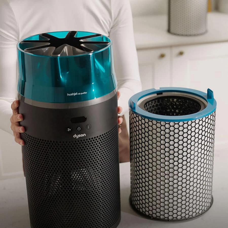 Dyson HushJet purifier opened beside its cylindrical replacement filter