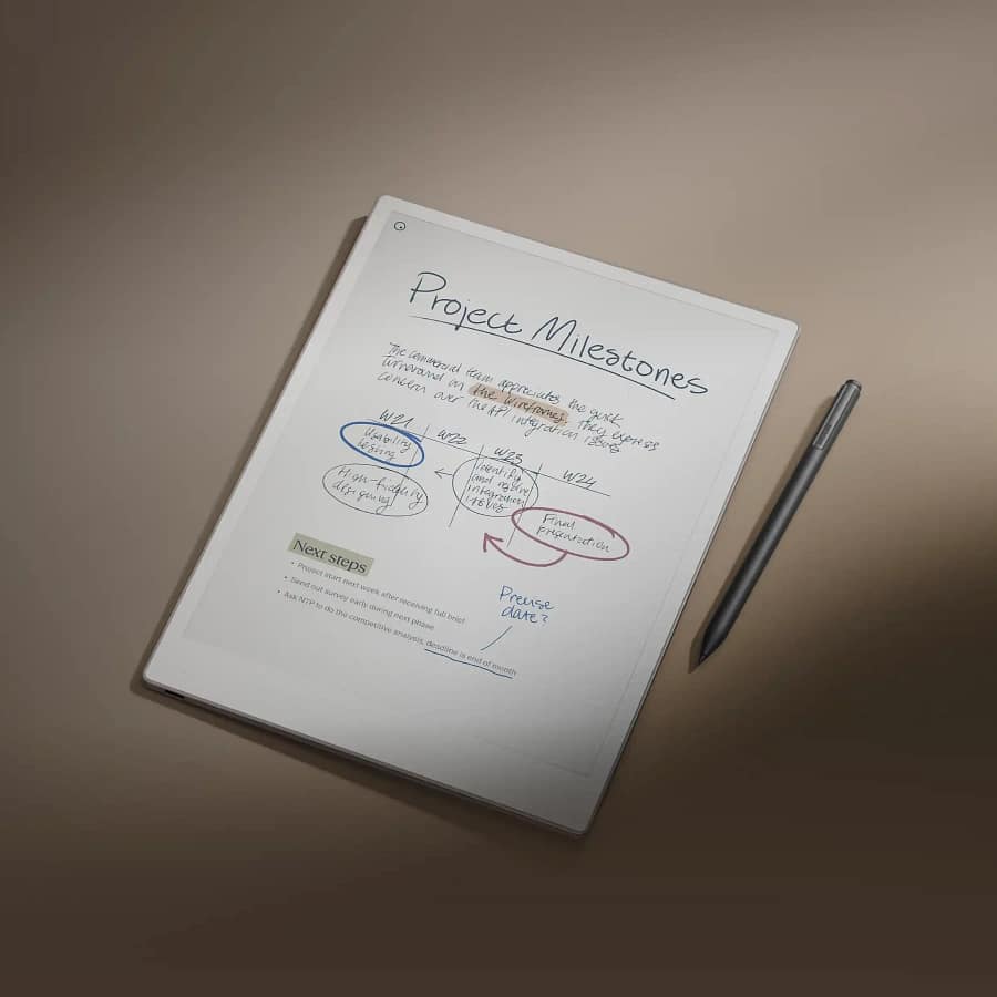 Remarkable Paper Pro e-ink tablet showing handwritten colour notes with Marker Plus stylus