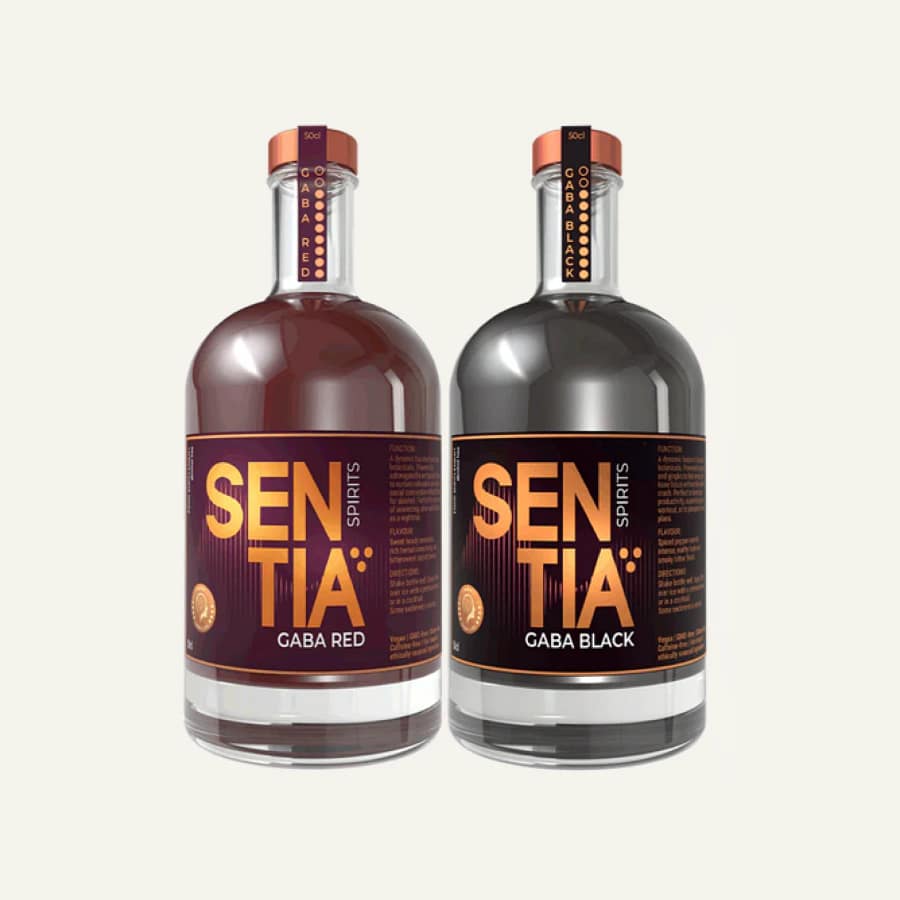 Bottles of Sentia GABA Red and Sentia GABA Black, botanical non alcoholic spirits designed to support relaxation through the GABA system.