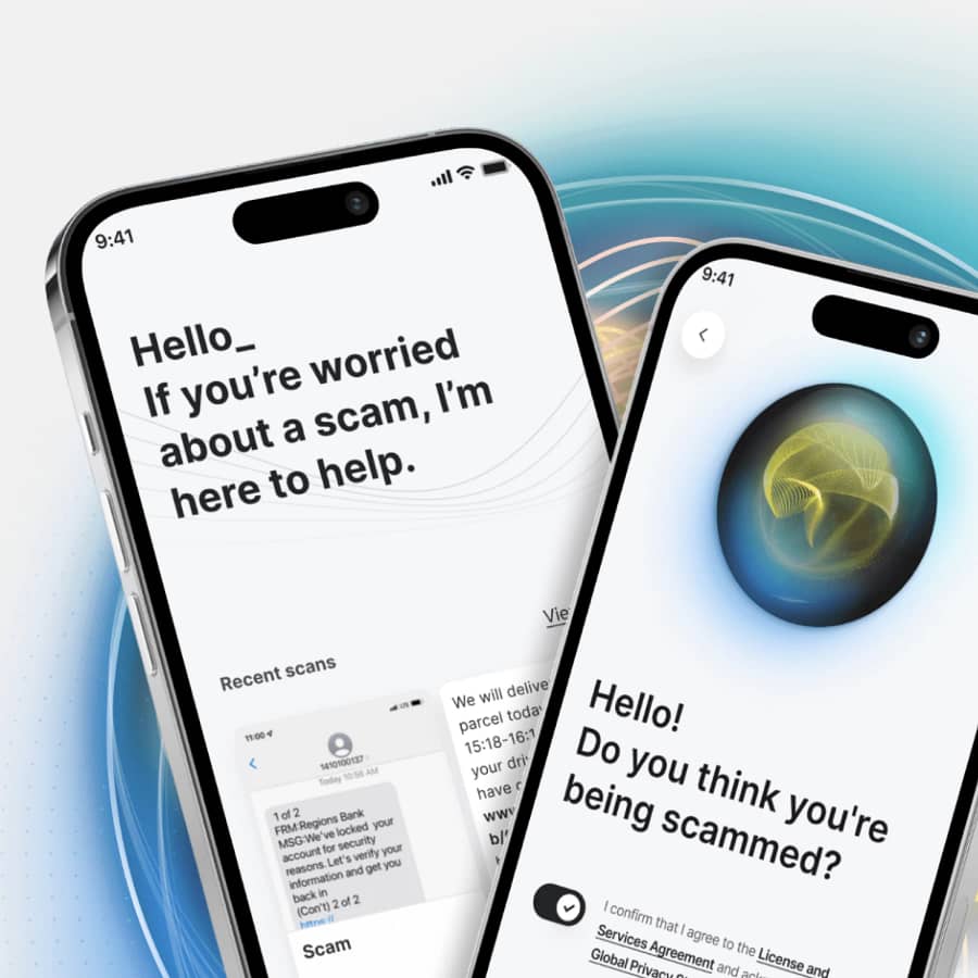 Norton Genie app interface on iPhone showing scam message detection and AI assistant screen