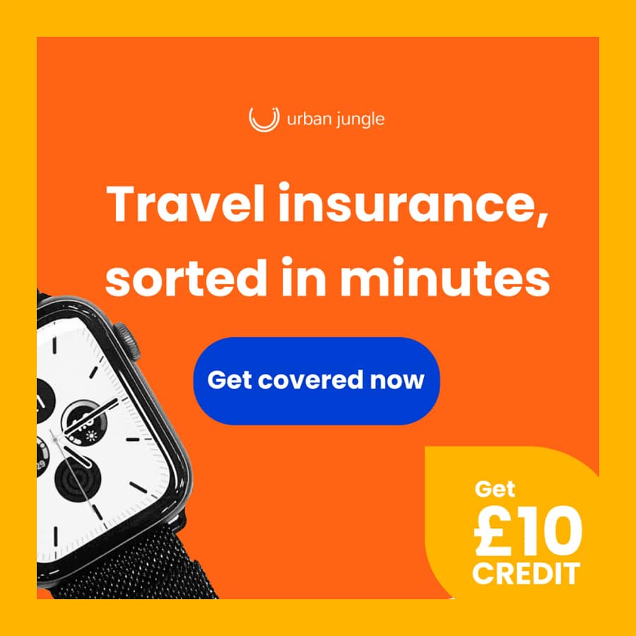 Urban Jungle travel insurance, sorted in minutes, with £10 credit offer and “Get covered now” button