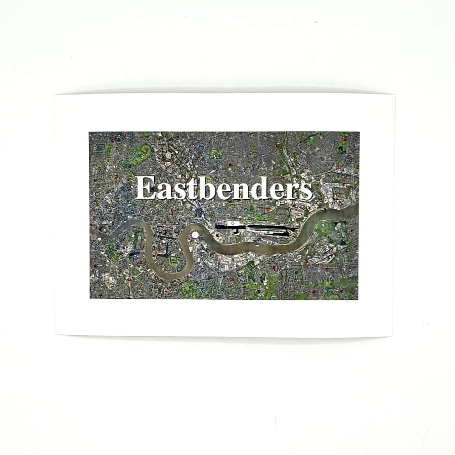 Queer London art print “Soapy Drama” by Stiven Skyrah, featuring EastEnders-inspired map of London with the word Eastbenders across the Thames.