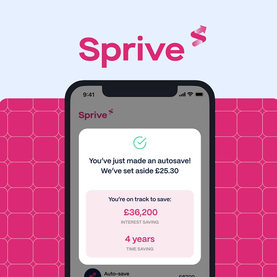 Sprive mortgage app showing interest and time savings from automatic overpayments