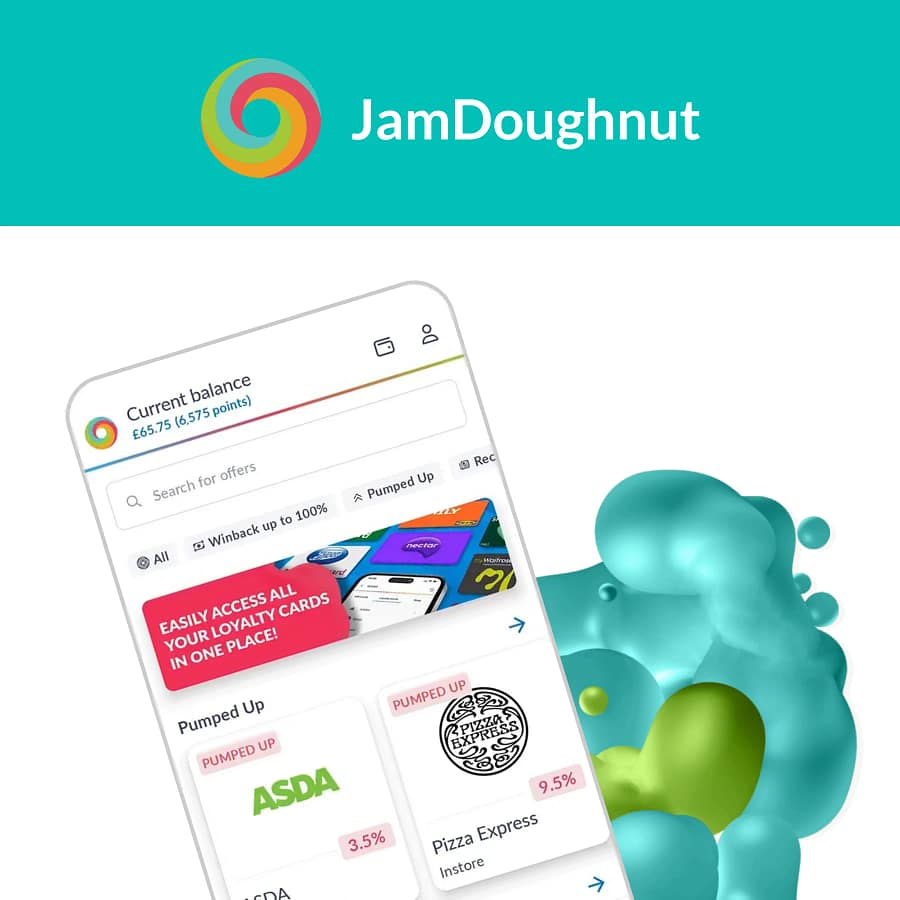 JamDoughnut app interface displaying current balance, search bar, and cashback offers from UK retailers including Asda and Pizza Express with turquoise gummy bear