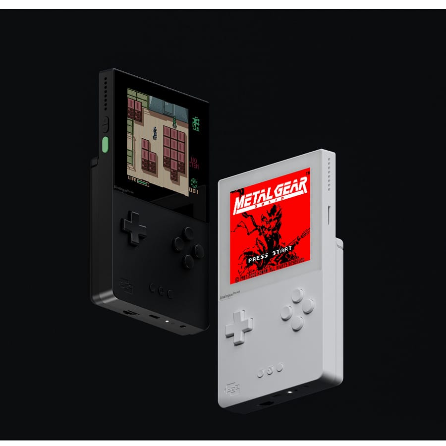 Black and white Analogue Pocket handhelds displaying Metal Gear Solid and a Game Boy game