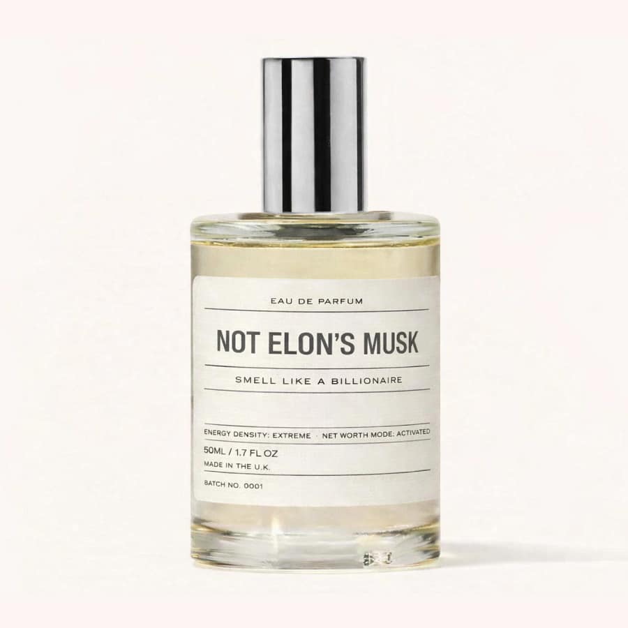 Not Elon’s Musk parody perfume bottle with minimalist label, unisex vegan luxury fragrance