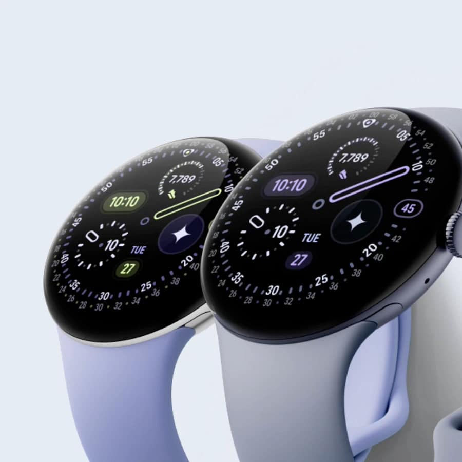 Pixel Watch 4 in two sizes (41mm and 45mm) showing a domed round display with complications