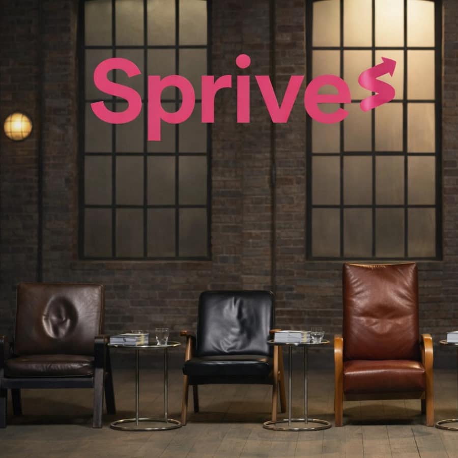 Sprive logo above the Dragons’ Den chairs on the set backdrop