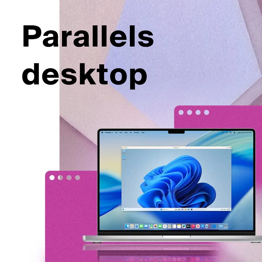 Promotional image for Parallels Desktop with a laptop showing Windows on macOS
