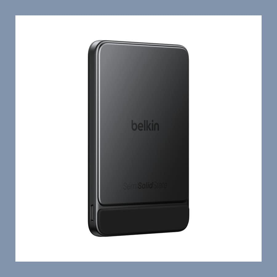 Belkin UltraCharge Pro Slim Magnetic Power Bank 5K in black, shown at an angle