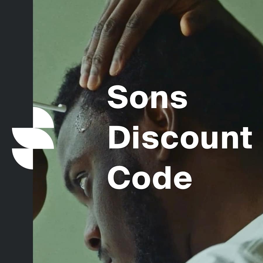 Man running hands through hair with Sons Discount Code text overlay