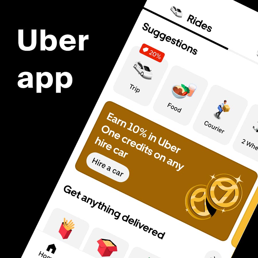 Uber app home screen displaying Rides, Food, and Courier options with an Uber One hire car credits promotion
