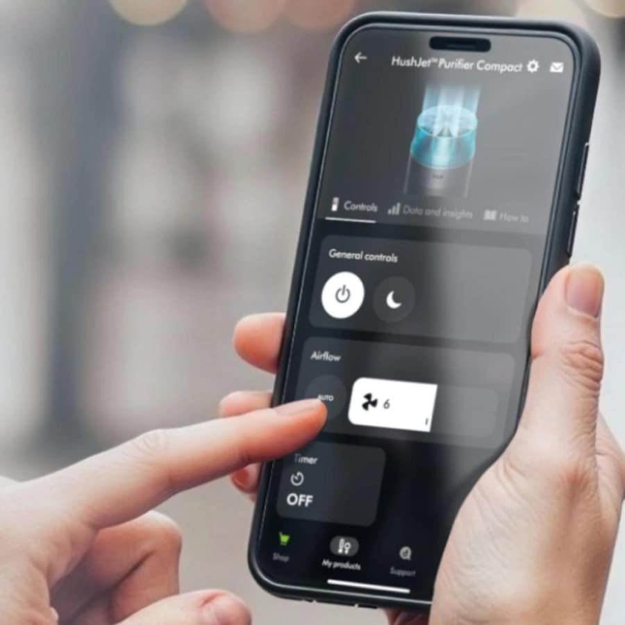 MyDyson app on an iPhone showing HushJet Purifier Compact controls