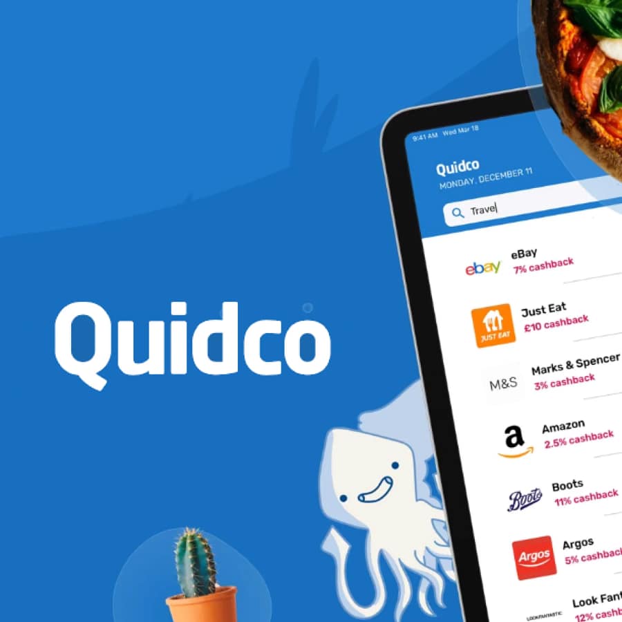 Quidco app on phone showing cashback offers from UK retailers including eBay 7%, Just Eat £10, Boots 11%, and Amazon 2.5%