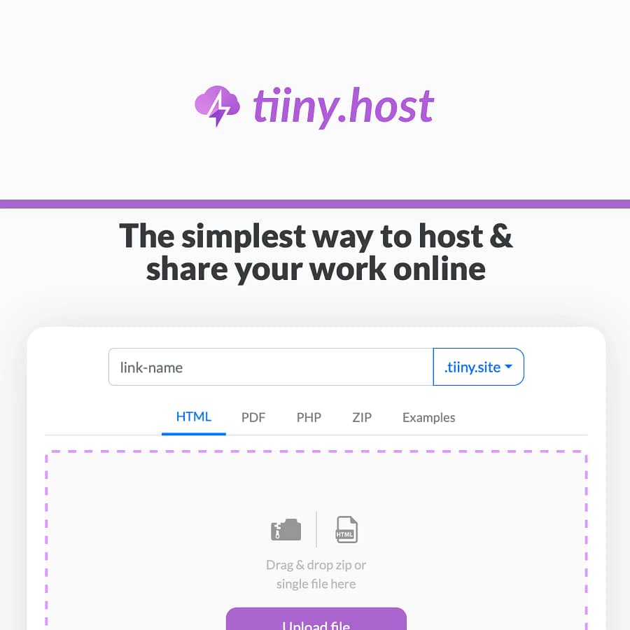 The Tiiny Host interface showcasing its simple drag-and-drop feature for hosting and sharing files or websites. Ideal for quick file sharing and static website hosting.
