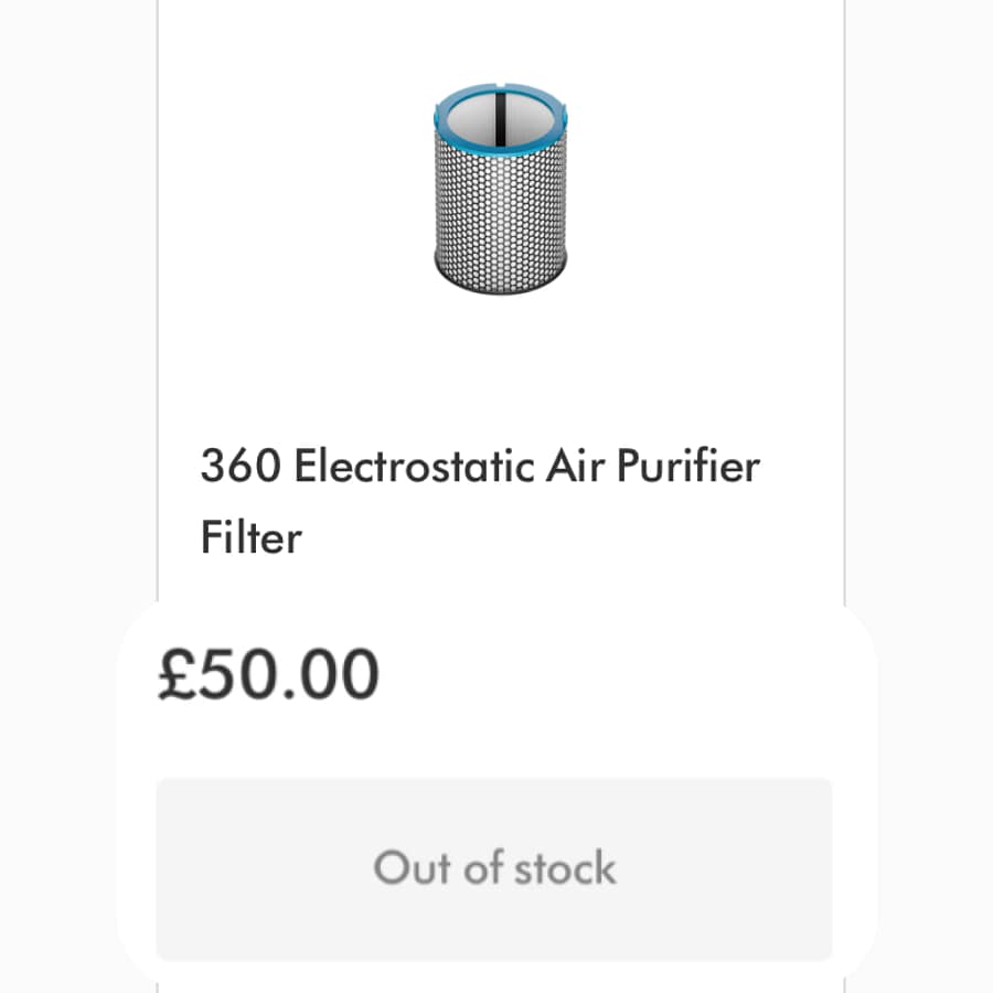 Dyson UK spare parts page showing the 360 electrostatic air purifier filter at 50 pounds and out of stock