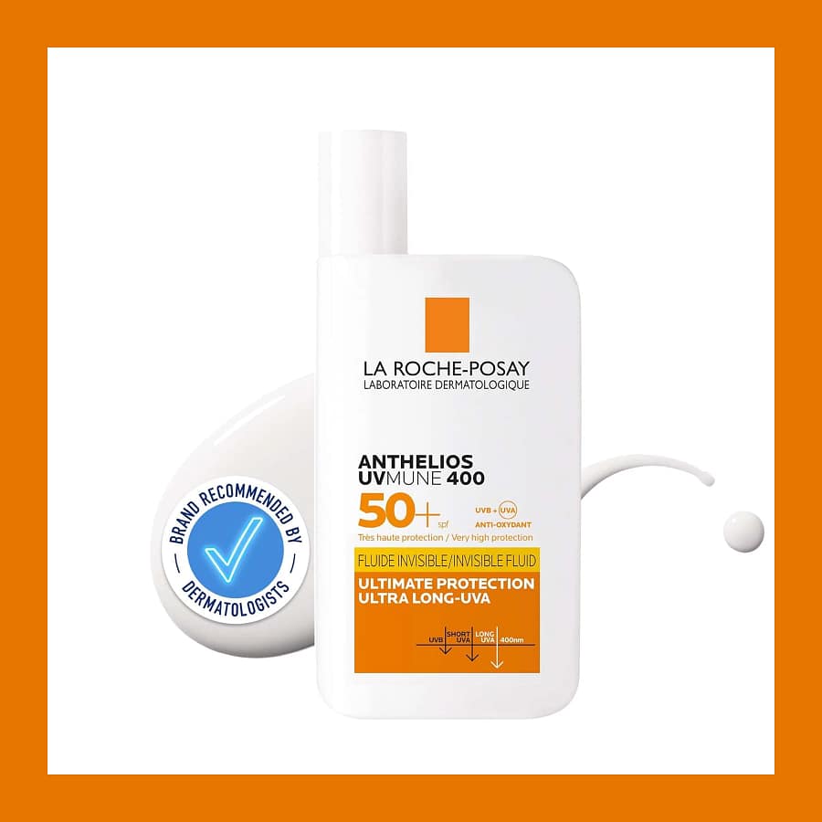 La Roche-Posay Anthelios UVMune 400 SPF50+ ultra-light invisible fluid sunscreen for sensitive skin, with orange label and dermatologist badge