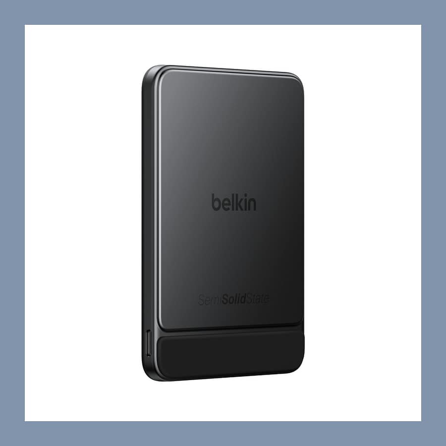 Belkin UltraCharge Pro 5K magnetic power bank in black, shown at an angle