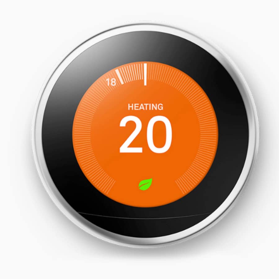 Google Nest Learning Thermostat 3rd Generation showing heating set to 20°C on orange display