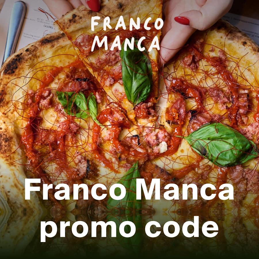 Franco Manca app promo code graphic over a pizza, promoting a bonus loyalty stamp towards a free pizza.