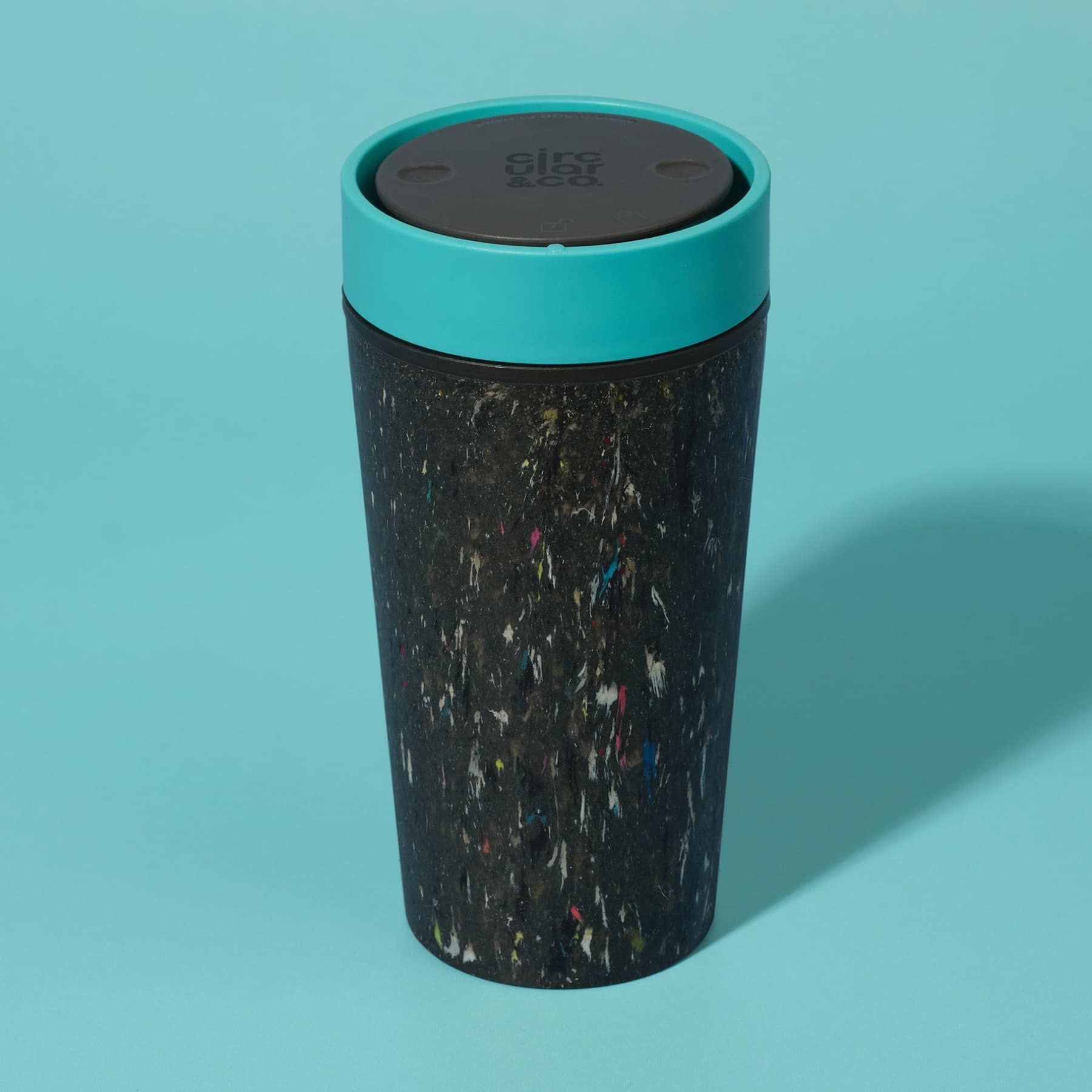 Circular and Co reusable coffee cup in teal, made from recycled paper cups