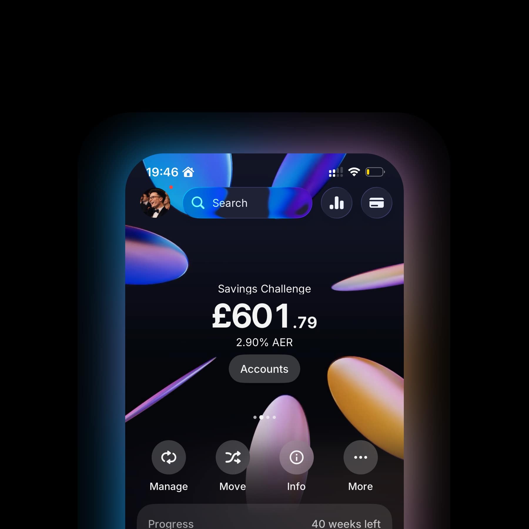 Revolut app in dark mode showing a savings challenge balance and account controls