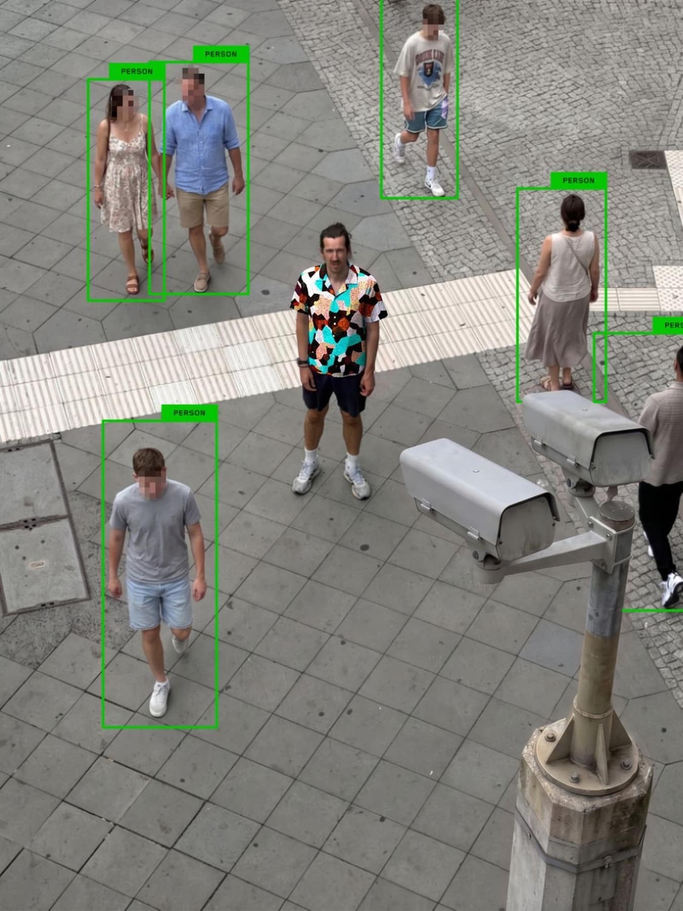 Overhead camera view with green PERSON boxes on five pedestrians and none on the man in the Digital Camouflage shirt.