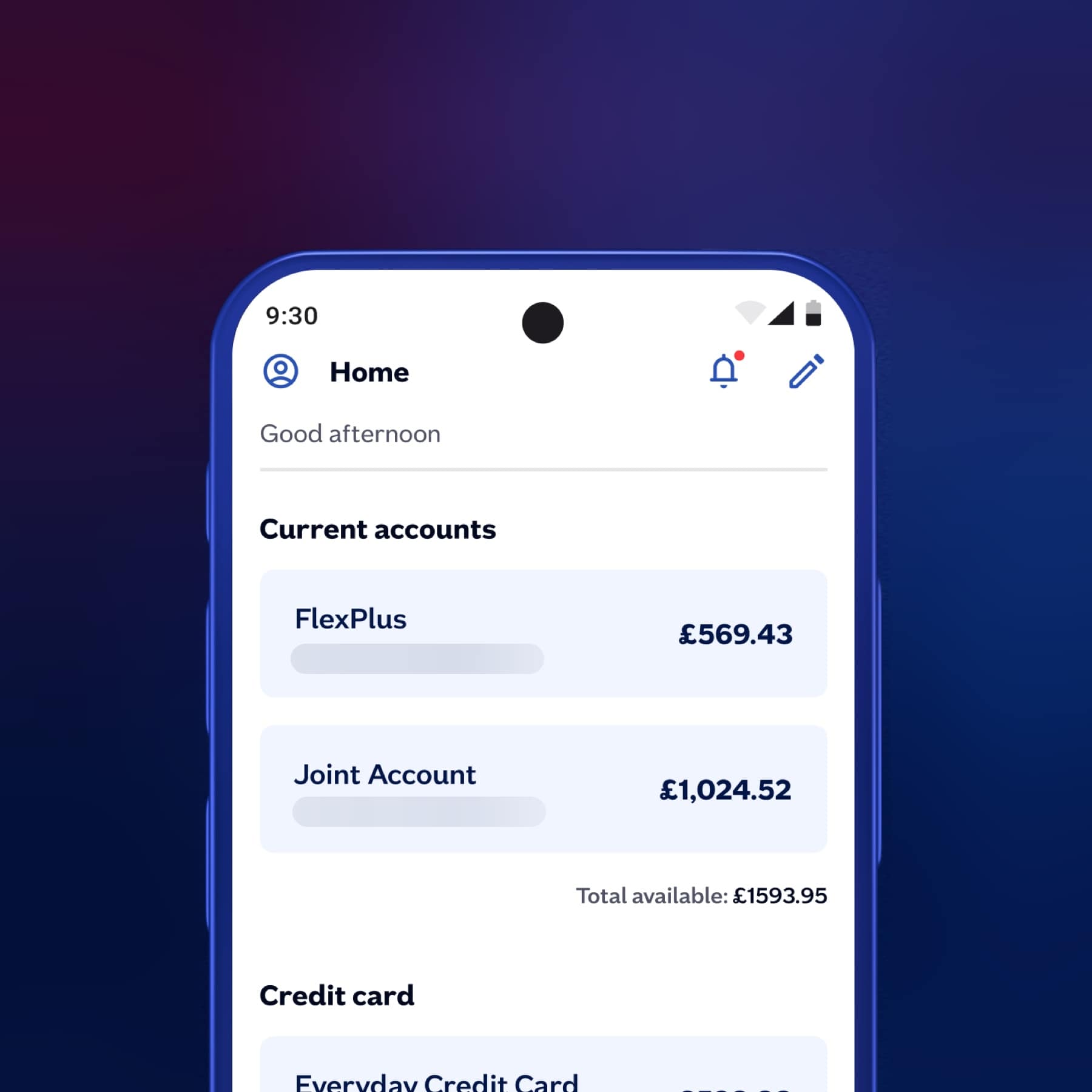 Nationwide Building Society app showing FlexPlus, joint account and credit card balances