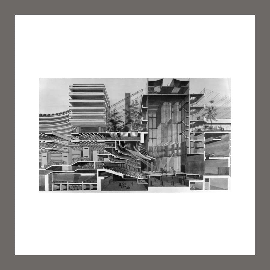 Barbican Cross Section A3 art print showing a perspective section through the arts centre