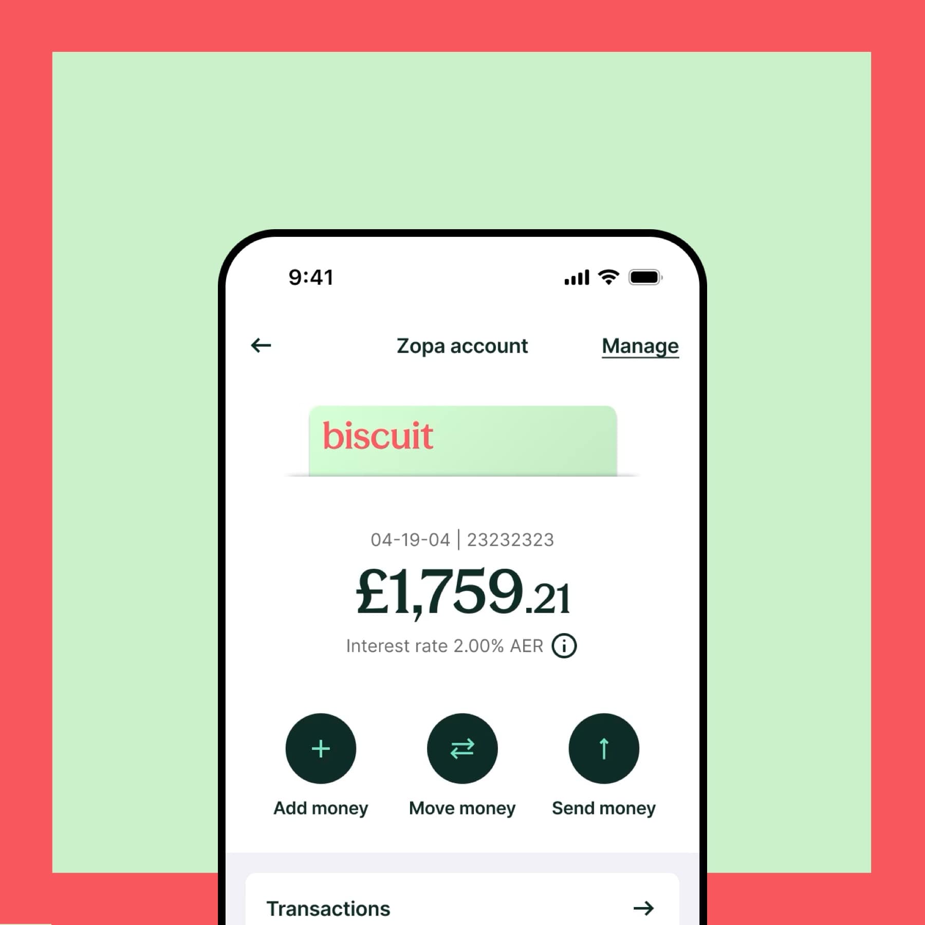 Zopa Biscuit current account in the Zopa app showing balance and quick actions