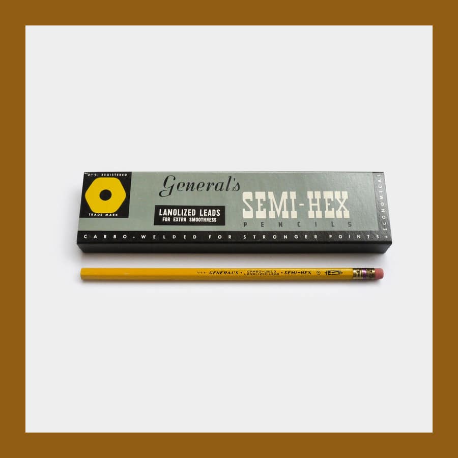 Sealed 1970s box of General's Semi-Hex pencils with a single yellow pencil beside it