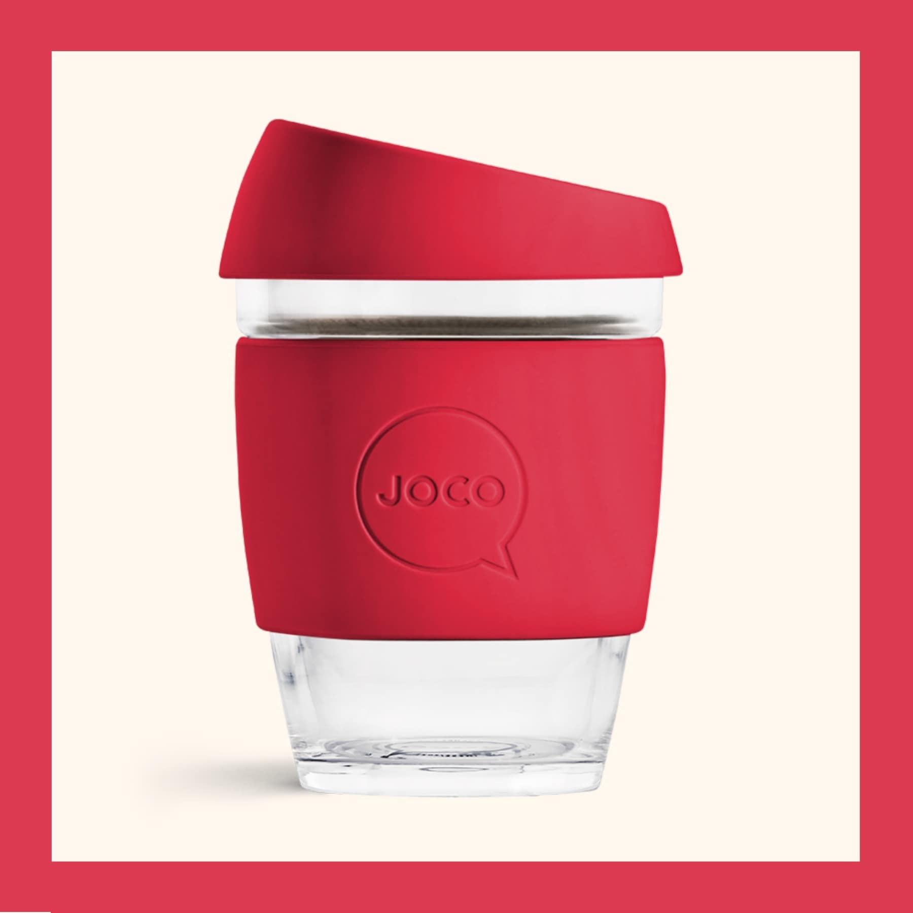 JOCO borosilicate glass reusable coffee cup with red silicone lid and sleeve, 12oz