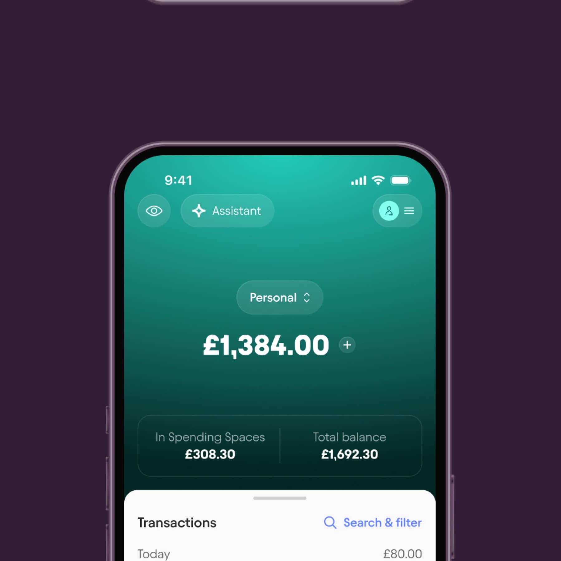 Starling Bank app showing account balance and Spending Spaces in green