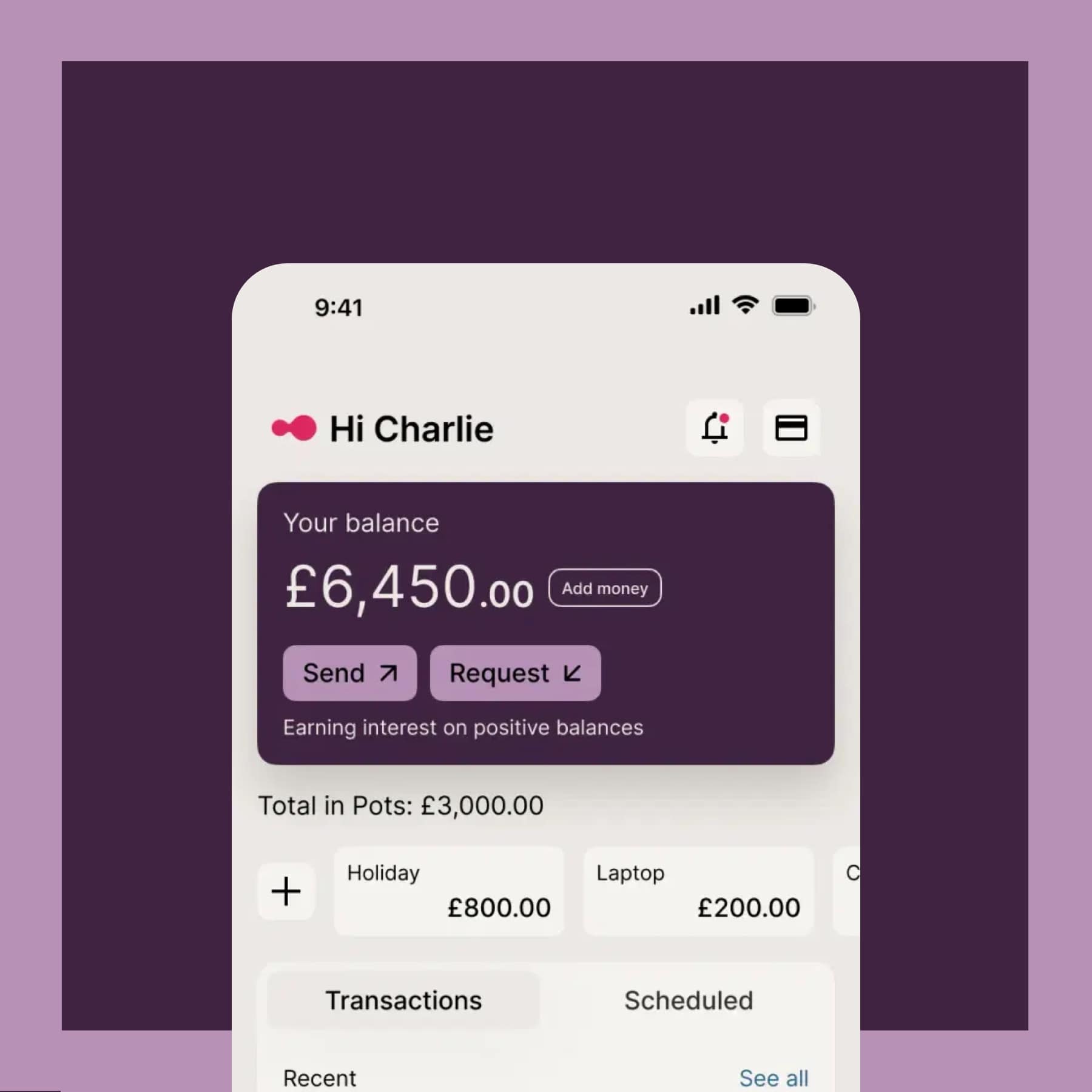 Kroo Bank app showing account balance and money pots on a purple background